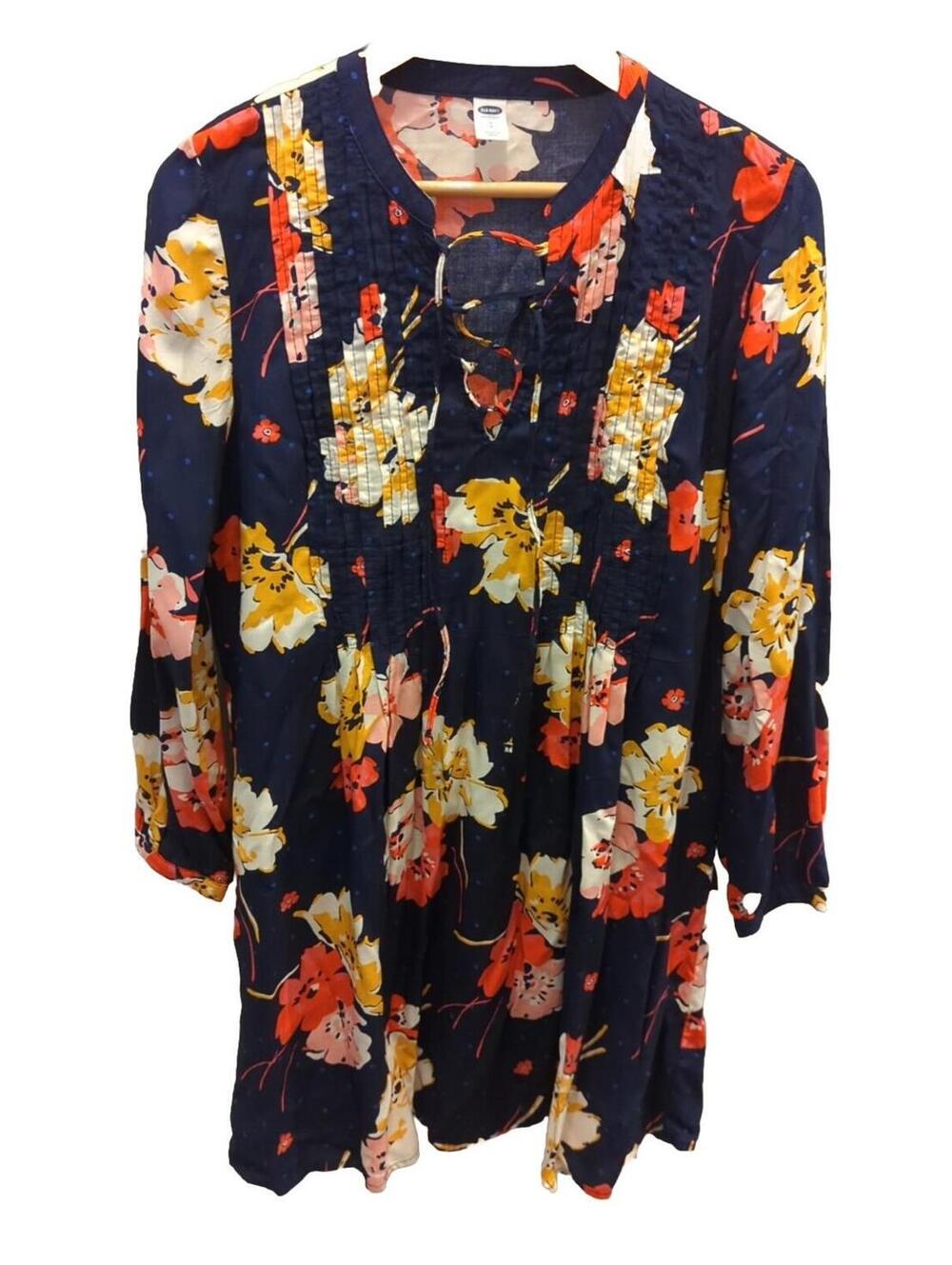 S Old Navy Boho Dress Pleats Floral Lace Up Swing Navy Pink Mustard Long Sleeve